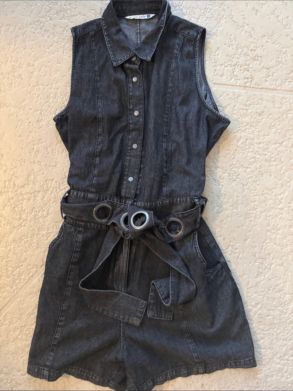 Sleeveless Dark Gray Denim Romper with Belt
